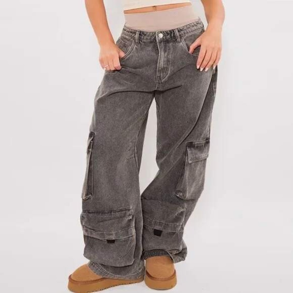Pretty Little Thing Washed Black Denim Wide Leg Boyfriend Fit Cargo Jeans Sz‎ 10